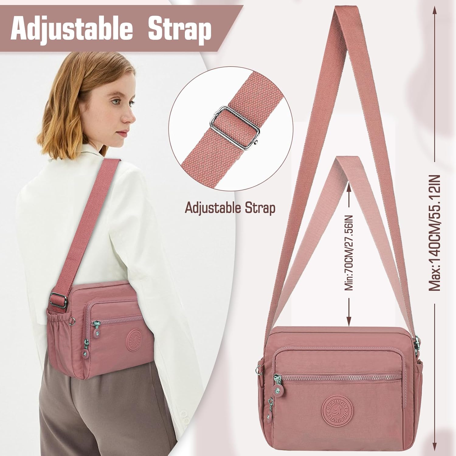 NEWIROVE Sac Bandoulière Femme Décontracté Moyen - Sacoche Besace Légère Pour Le Shopping, Le Travail et Les Voyages, Rose A-rose