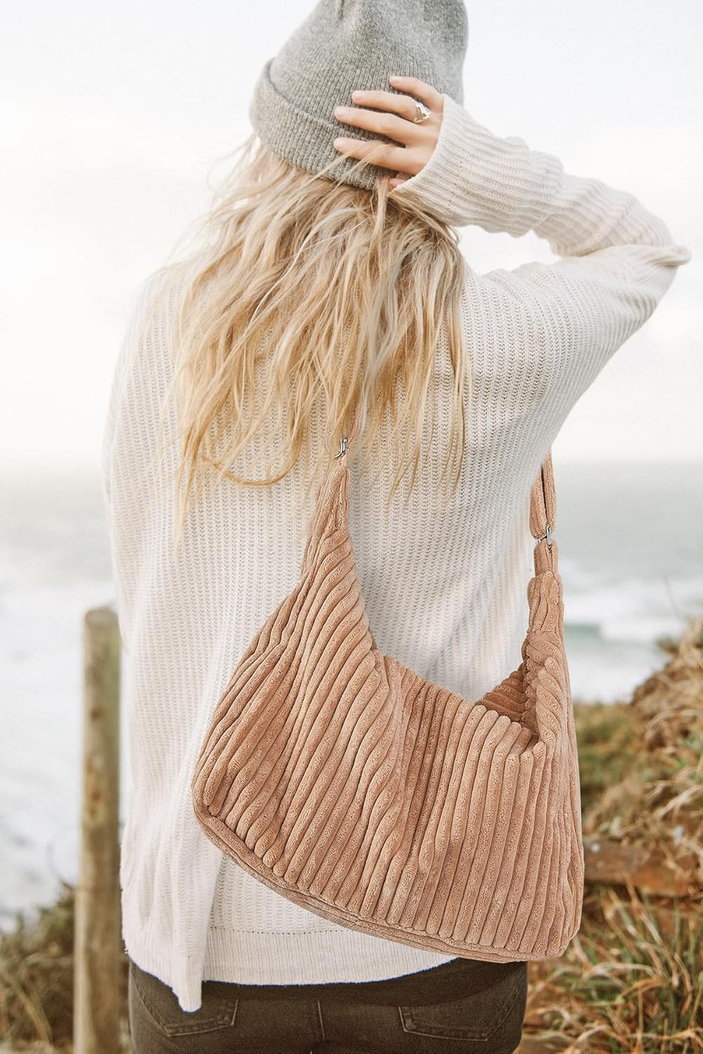 Ulisty Sac besace en velours côtelé avec bandoulière réglable pour femme Gris