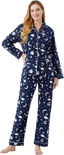 Femmes 100% Coton Flanelle Pyjama Set Confortable Manches Longues PJS pour Les Femmes Bouton Avant Cordon Taille Hiver XXL Mouton Mignon