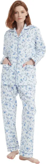 Ensemble de Pyjamas Chauds en Flanelle pour Femmes Pantalon Long à Manches Longues 100% Coton Ensemble de Pyjamas d'automne et d'hiver Motif Fleuri Bleu L