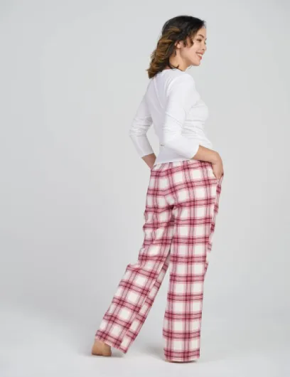 Pantalon de Pyjama Femme Chaud Bas de Pyjama & d'Intérieur Détente Automne/Hiver Flanelle de Coton L74 S Flanelle (100% Coton) Rose & Blanc (Flanelle)
