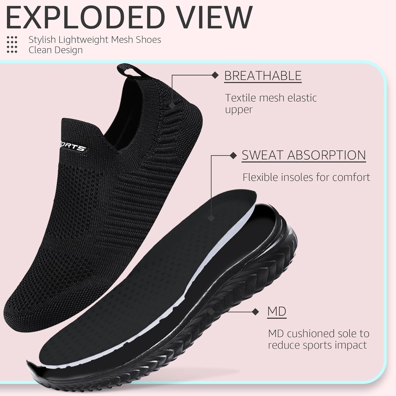 Basket Femme Respirantes Slip on pour Sneakers Femmes Chaussure de Running Fitness Légères Sneakers 38 EU Tout Noir