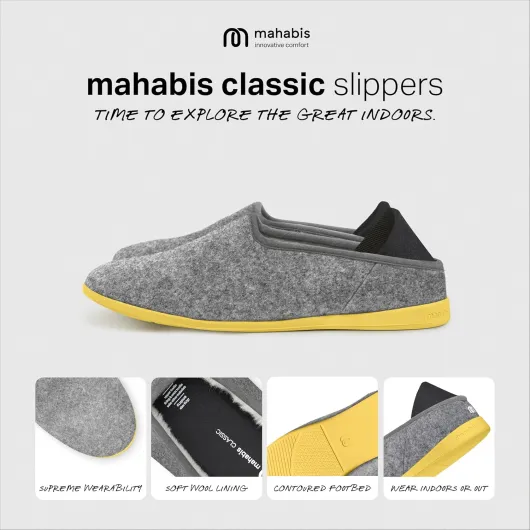 Mahabis - Chaussons unisexes - Collection classique - Confort haut de gamme avec un design et un soutien raffinés - Portabilité suprême et contrôle de la chaleur - Doublure 100 % laine 40 EU Gris Clair et Jaune